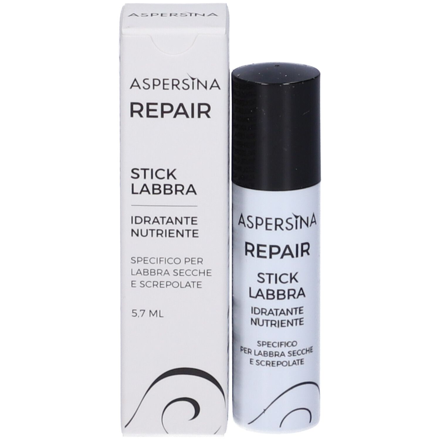 Lippenpflegestift mit Verpackung. Aufschrift: Aspersina Repair Stick Labbra. Weiße Verpackung, schwarzer Deckel.