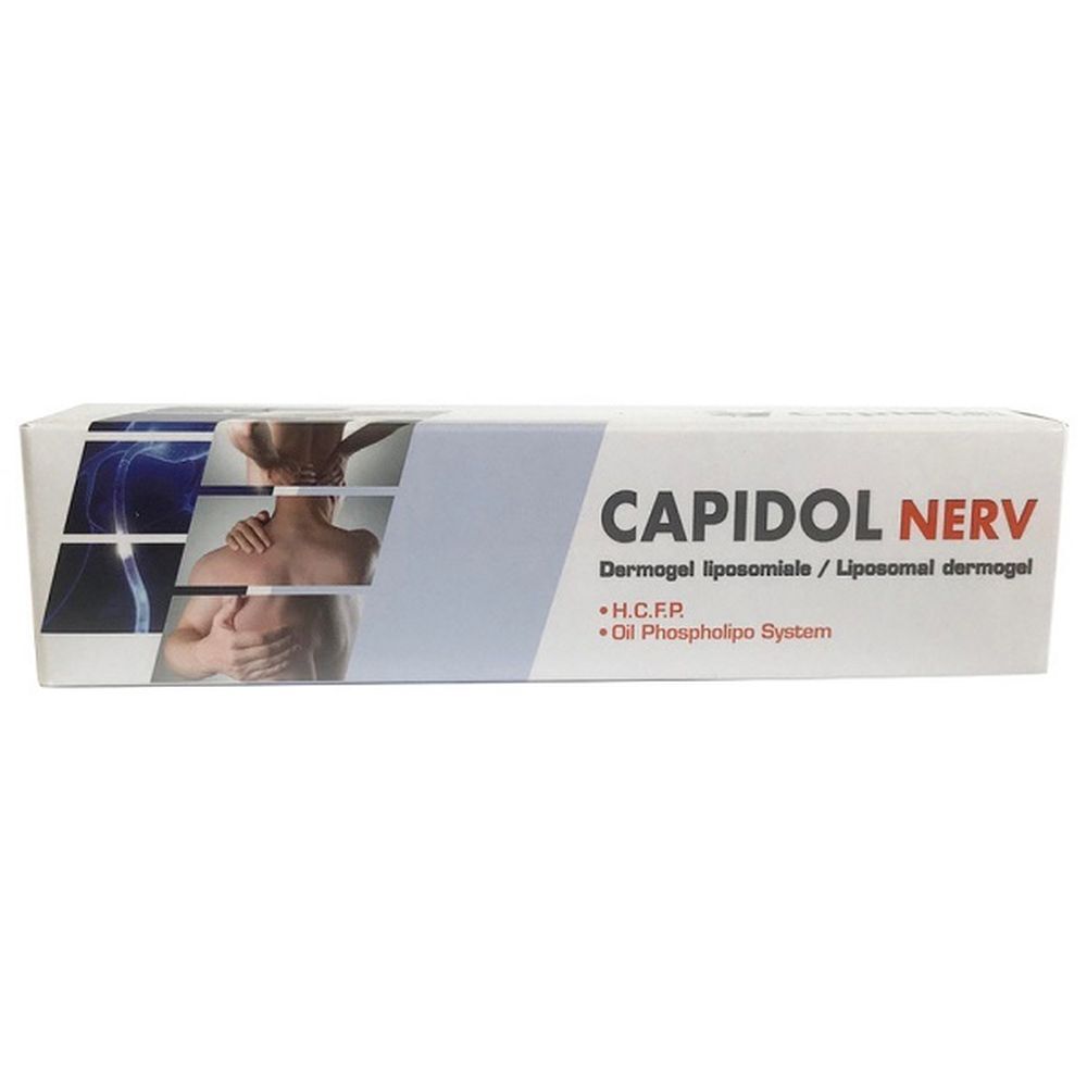 Confezione di Capidol Nerv Dermogel. Scatola bianca con nome del prodotto e immagine di una persona.