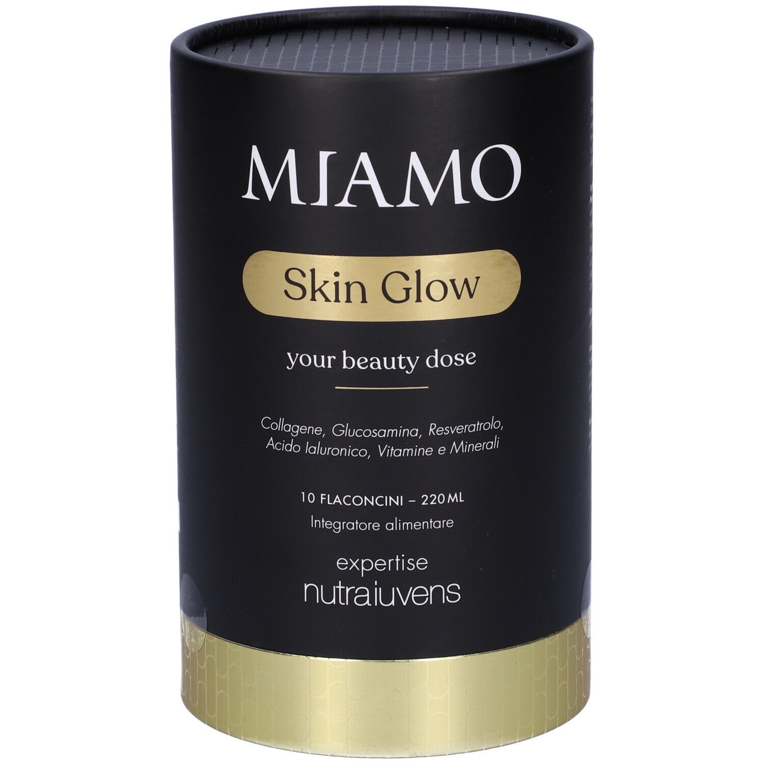 Confezione cilindrica nera, base dorata. Scritta: Miamo Skin Glow, ingredienti, 10 flaconcini. Expertise Nutraiuvens.