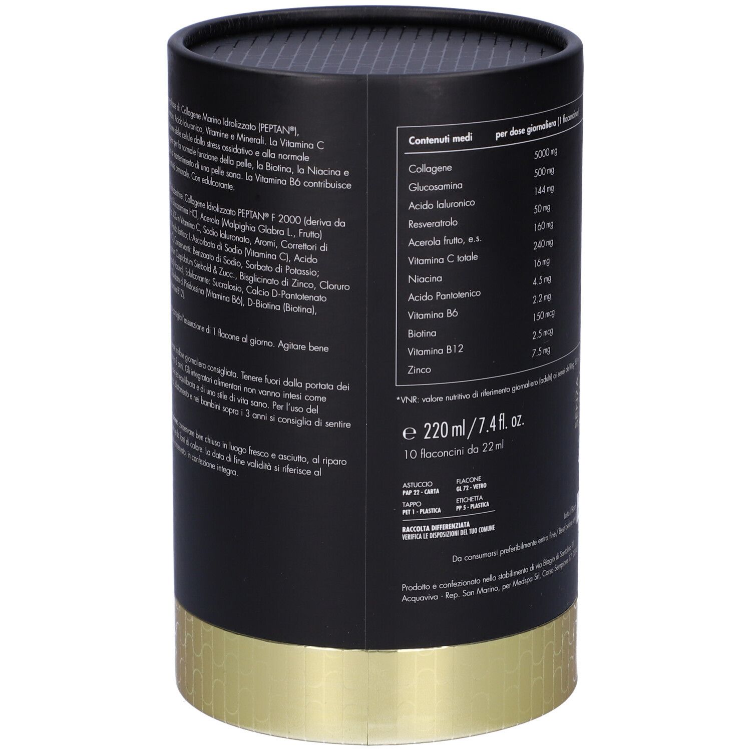 Scatola nera, base dorata. Contiene ingredienti e istruzioni per l'uso. Expertise Nutraiuvens.