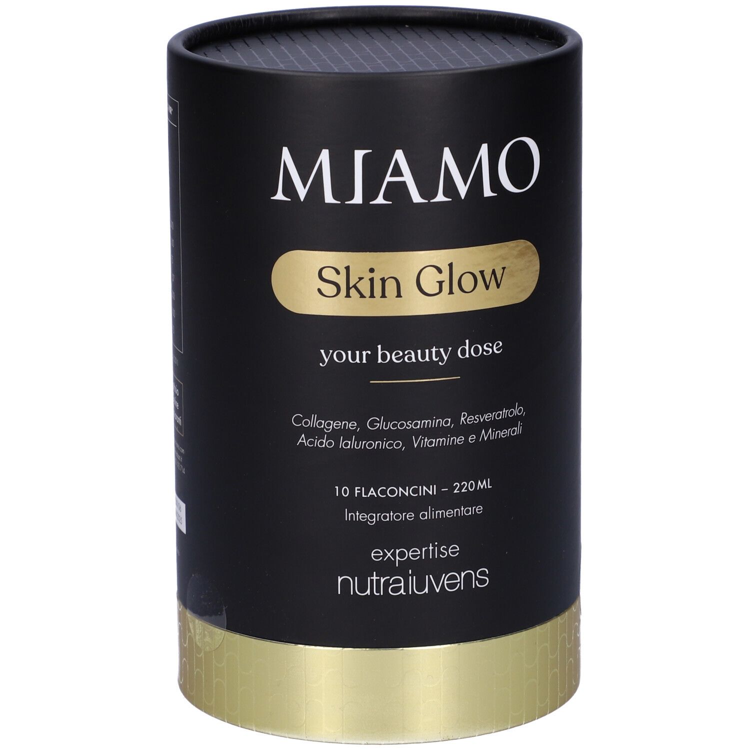 Confezione cilindrica nera, base dorata. Scritta: Miamo Skin Glow, ingredienti, 10 flaconcini. Expertise Nutraiuvens.