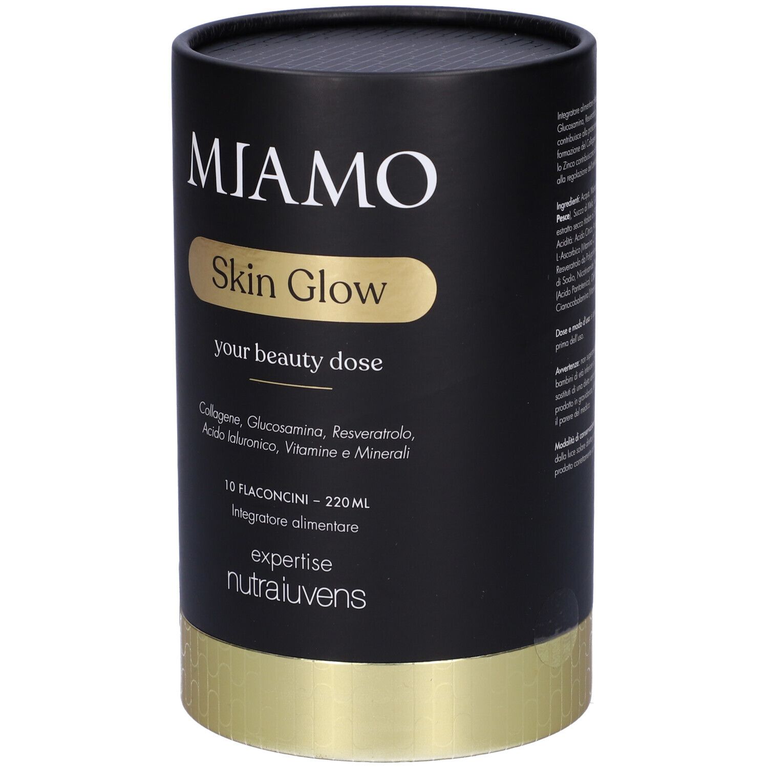Confezione cilindrica nera, base dorata. Scritta: Miamo Skin Glow, ingredienti, 10 flaconcini. Expertise Nutraiuvens.