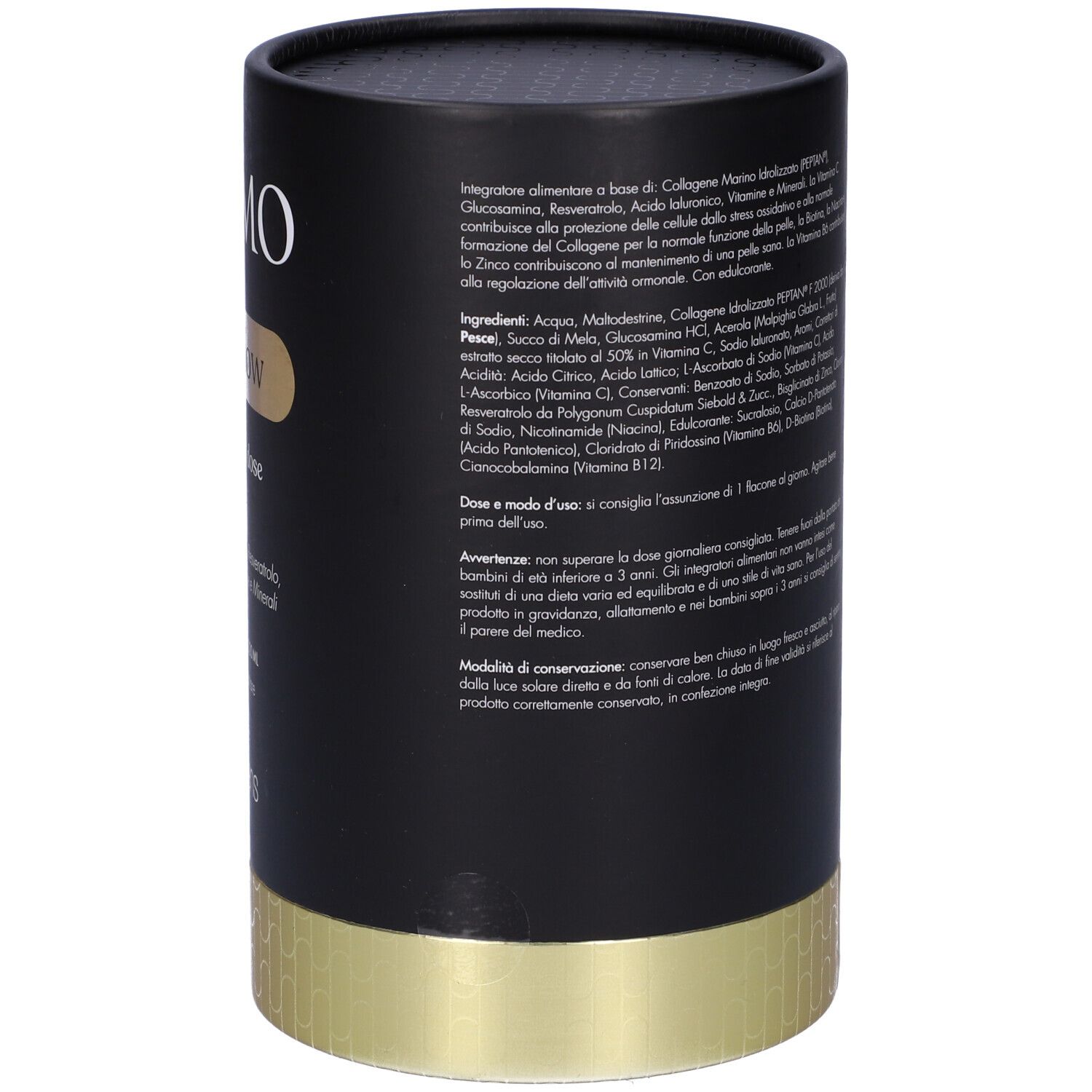 Scatola nera, base dorata. Contiene ingredienti, istruzioni e avvertenze. Expertise Nutraiuvens.