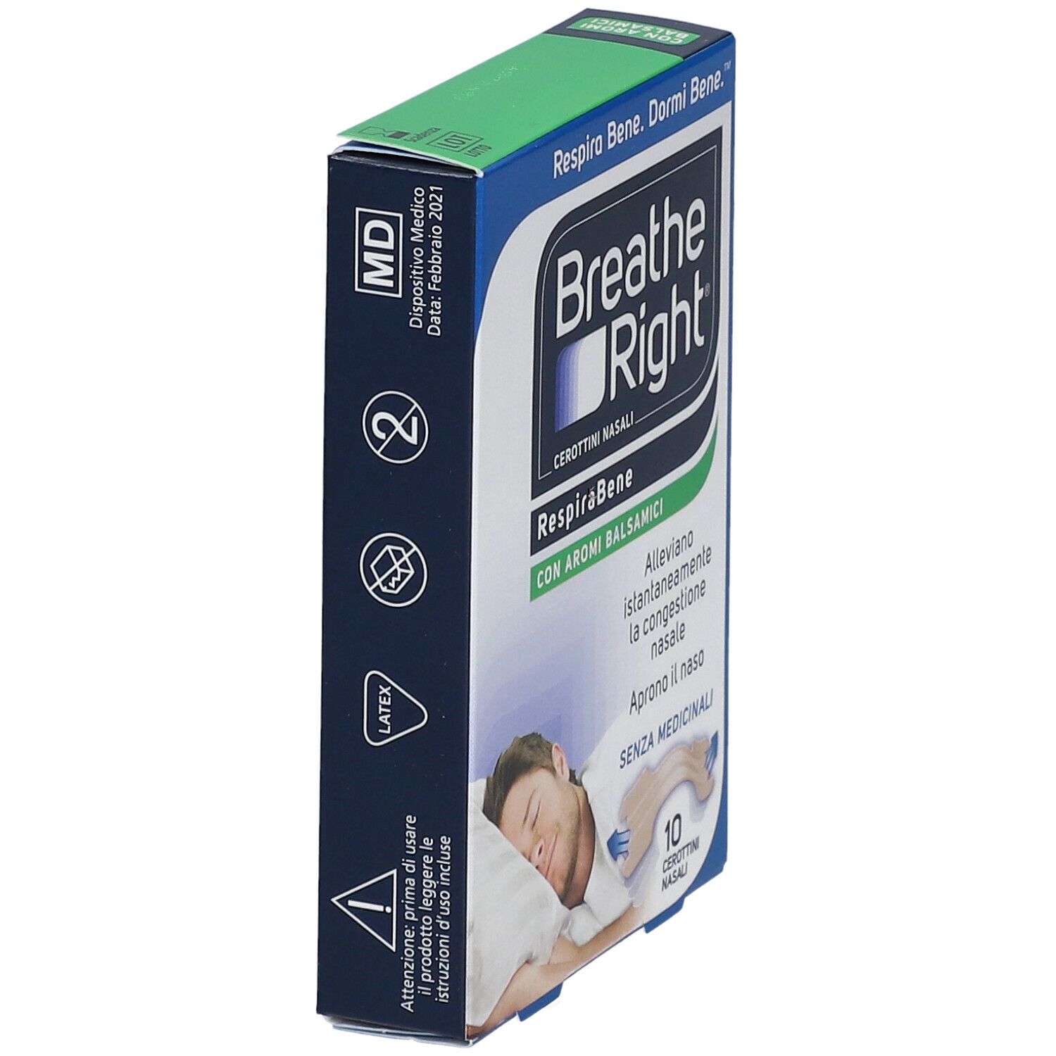 Scatola "Breathe Right" con logo e testo. Contiene 10 cerotti nasali. Confezione con coperchio verde. Testo in italiano.