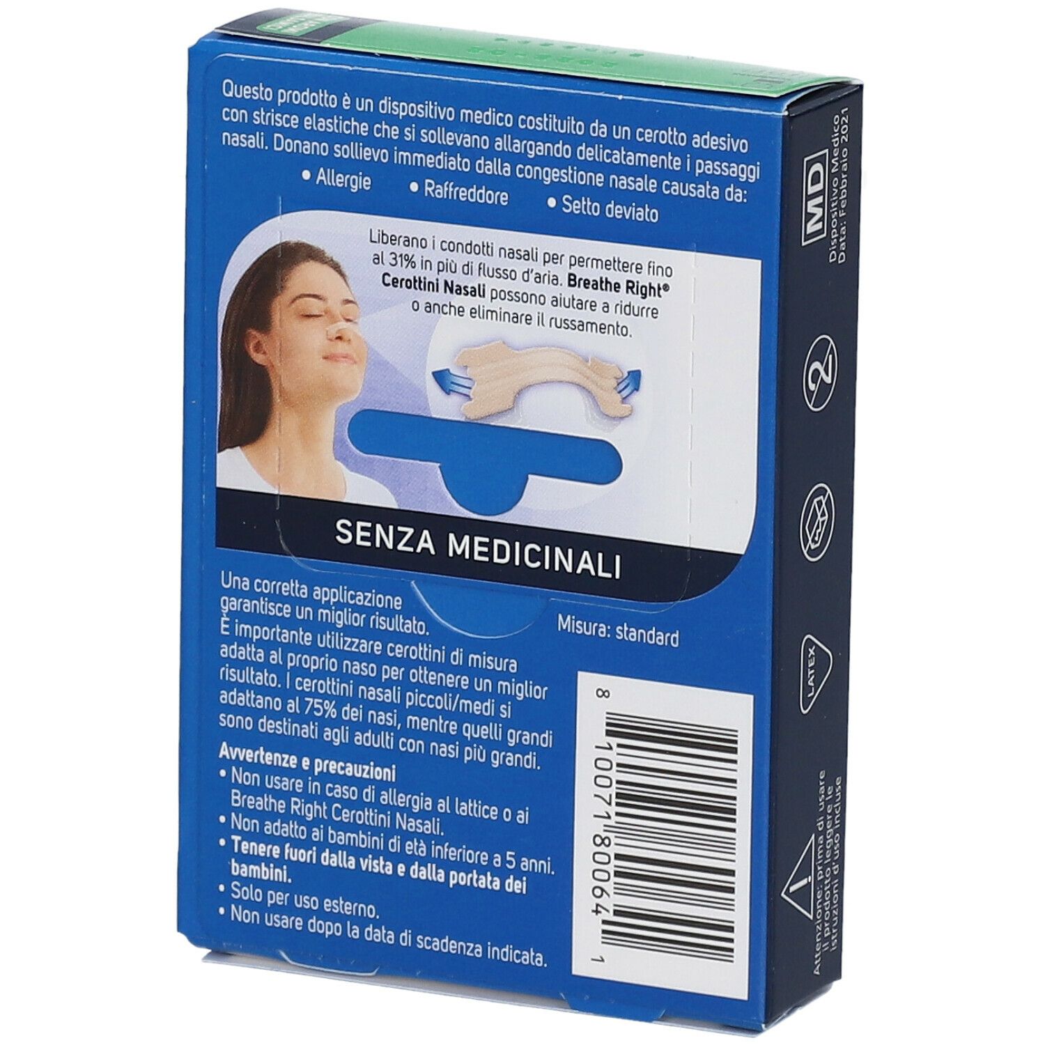 Retro della scatola "Breathe Right". Testo in italiano. Contiene informazioni sul prodotto e il suo utilizzo. Con marchio CE.