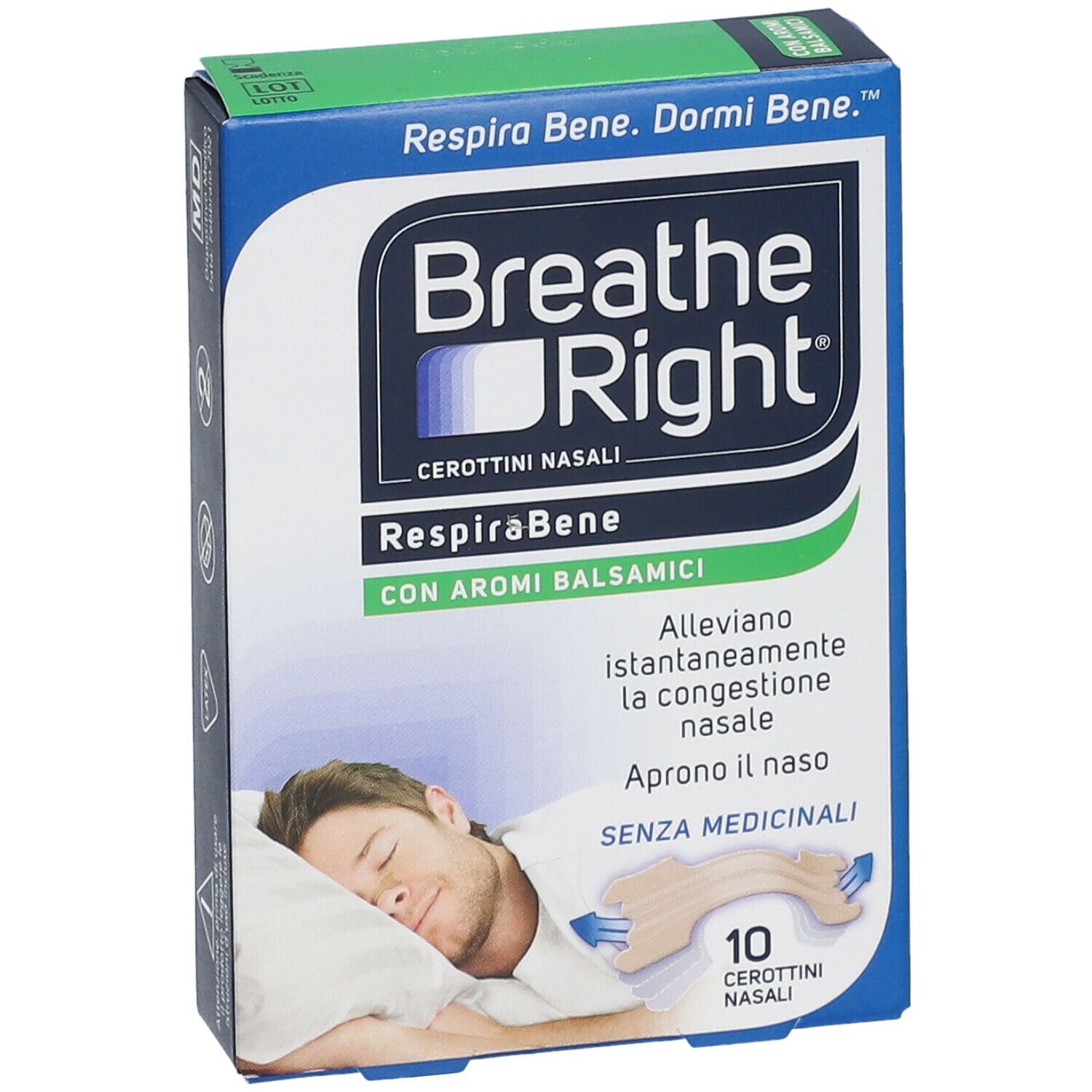 Scatola blu e bianca con logo "Breathe Right" e immagine del prodotto. Contiene 10 cerotti nasali con aromi balsamici. Testo in italiano.