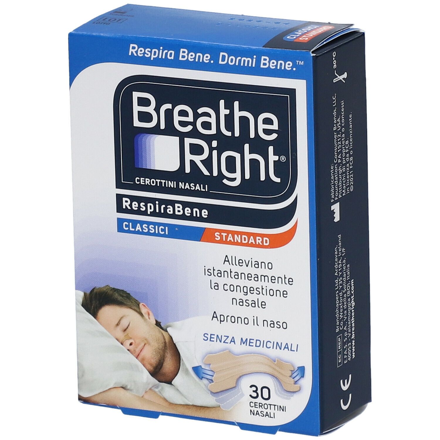 Scatola blu e bianca con logo "Breathe Right" e nome del prodotto. Contiene 30 cerotti nasali. Immagine di un uomo che dorme.
