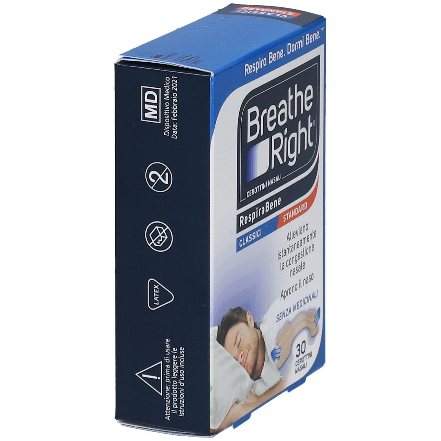 Scatola blu con logo "Breathe Right". Contiene 30 cerotti nasali. Vista laterale. Scritte: "CEROTTINI NASALI", "STANDARD".