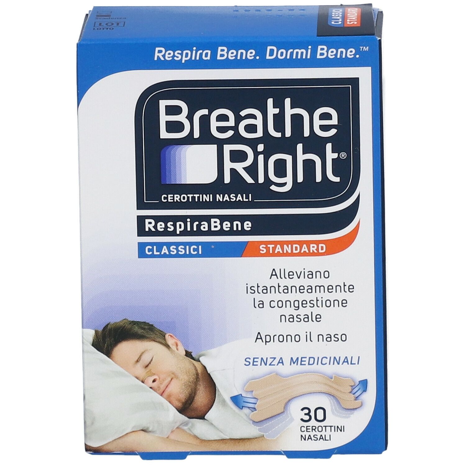 Scatola blu con logo "Breathe Right" e nome del prodotto. Contiene 30 cerotti nasali. Immagine di un uomo che dorme.