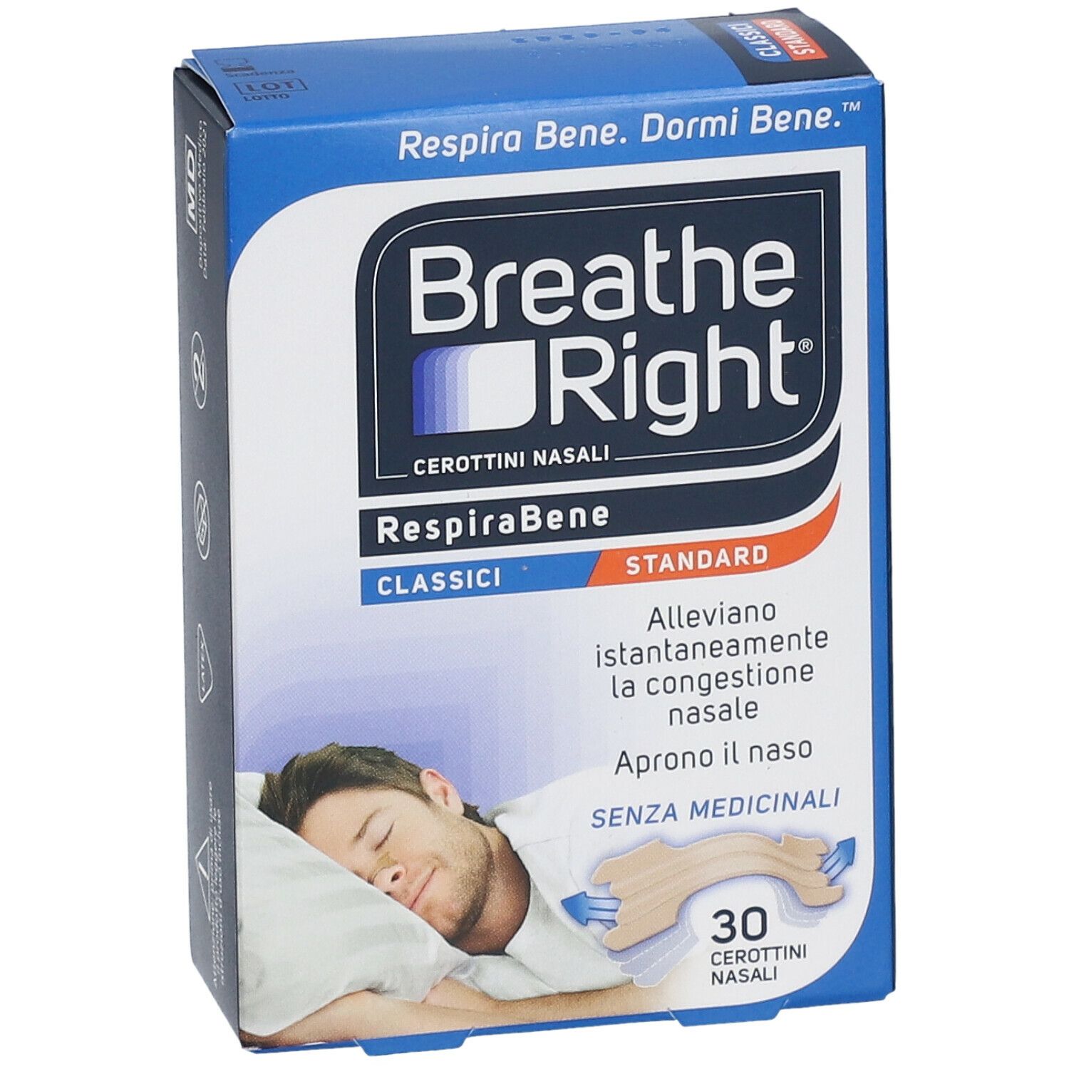 Scatola blu con logo "Breathe Right" e nome del prodotto. Contiene 30 cerotti nasali. Immagine di un uomo che dorme.