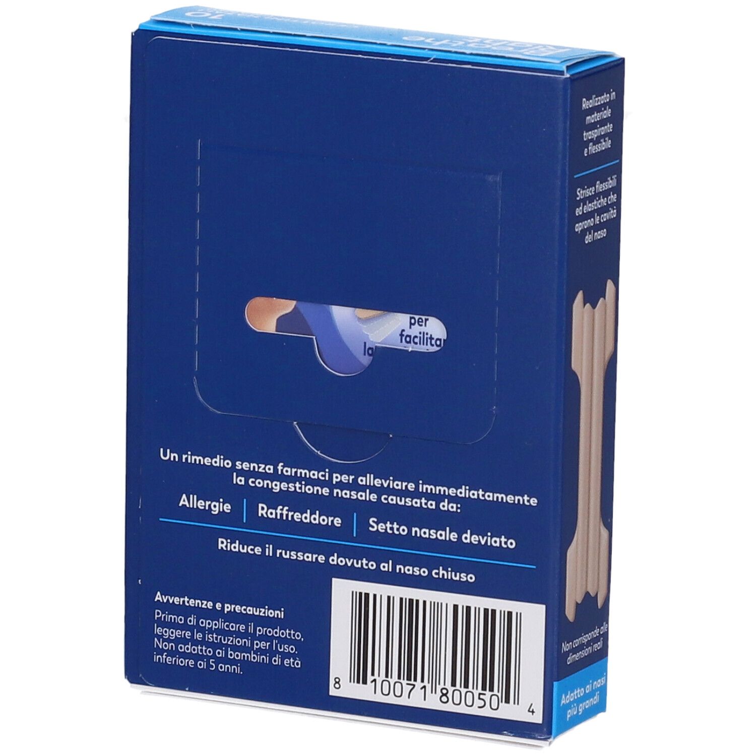 Rückseite der Breathe Right-Verpackung. Text: Reduziert Schnarchen. Enthält 10 Nasenpflaster. Barcode.