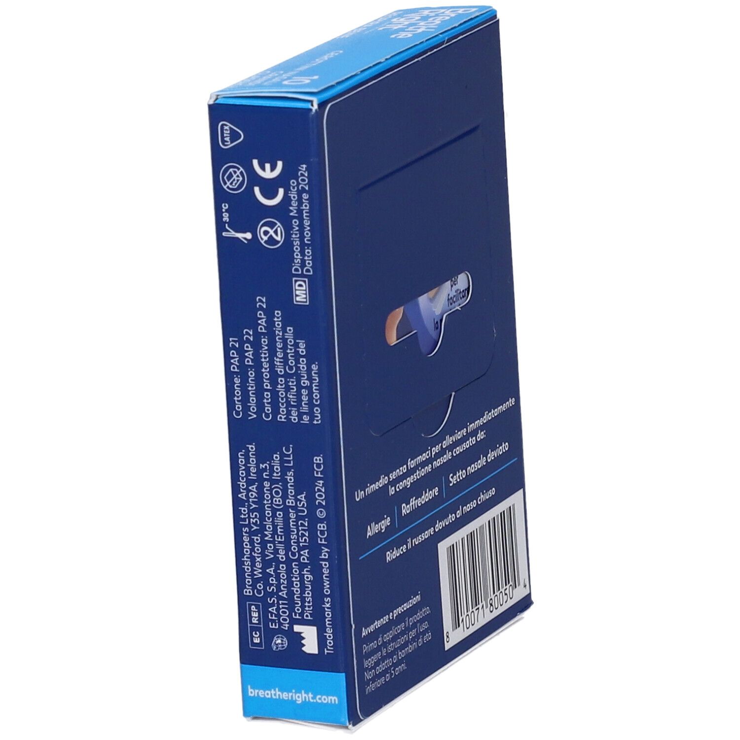 Breathe Right-Verpackung. Text: Medizinprodukt. CE-Kennzeichnung. Enthält 10 Nasenpflaster. Herstellerinformationen.
