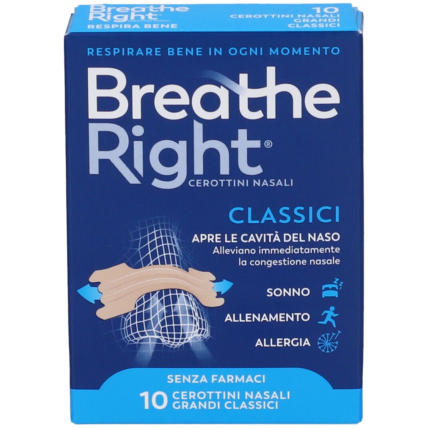 Vorderseite der Breathe Right-Verpackung. Text: 10 Cerottini Nasali Grandi Classici. Produktabbildung. Blau-weiß.