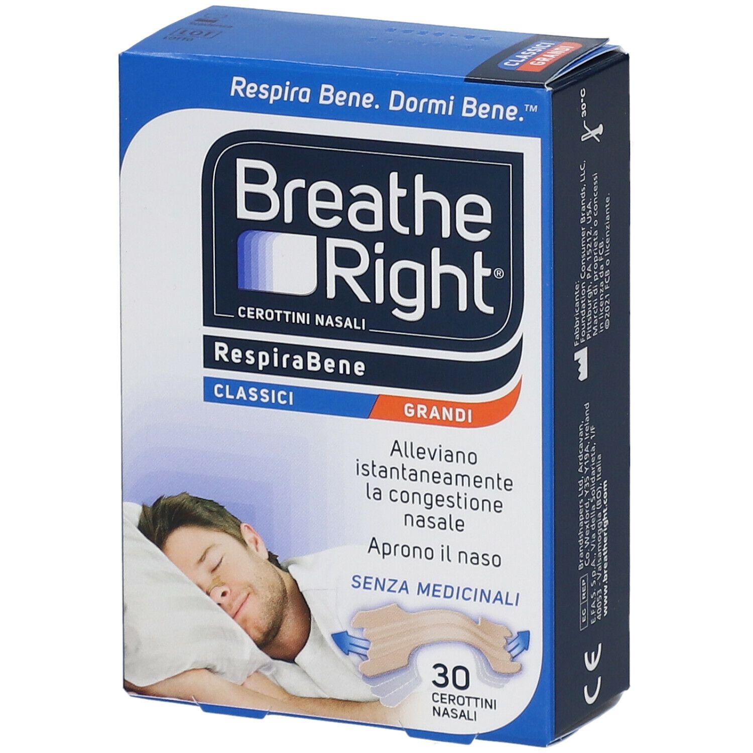 Scatola blu e bianca Breathe Right. Scritto RespiraBene Classici Grandi. Immagine di uomo che dorme. Contiene 30 cerottini nasali.