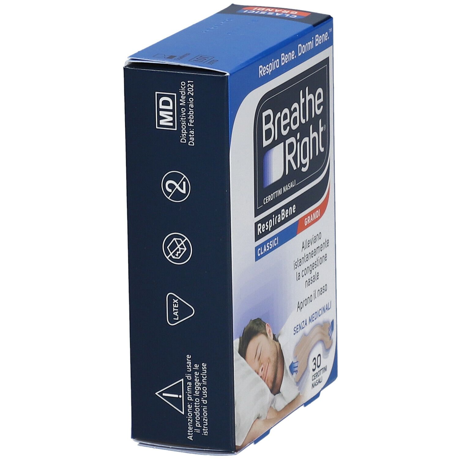 Scatola blu Breathe Right, vista laterale. Scritte: Breathe Right, RespiraBene, Classici Grandi. Contiene 30 cerotti nasali. Dispositivo medico.