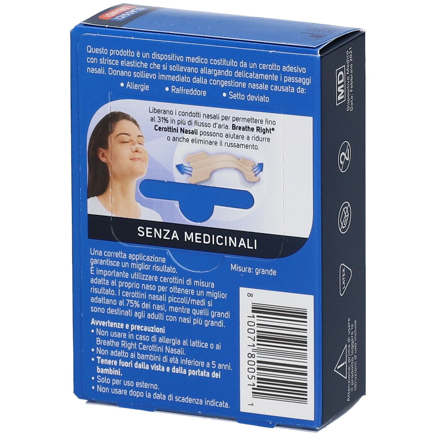Scatola blu con informazioni sul prodotto. Scritto Breathe Right Cerottini Nasali. Contiene informazioni sull'uso e avvertenze.