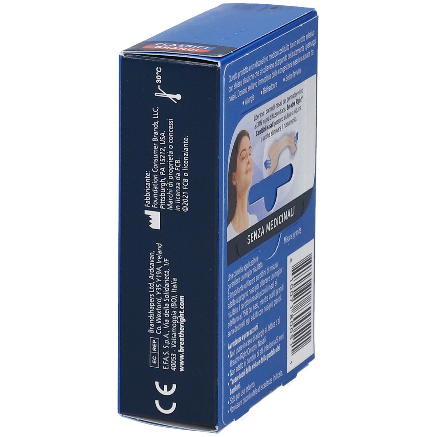 Scatola blu con informazioni sul prodotto. Scritto Breathe Right. Informazioni sul produttore e marchio CE. Dispositivo medico.