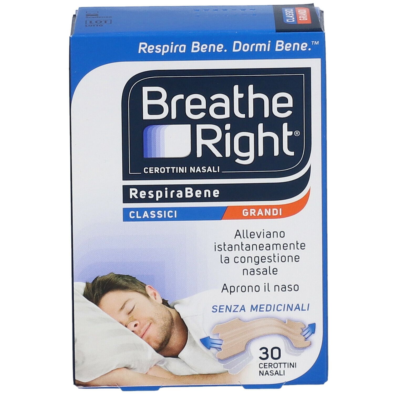 Scatola blu e bianca Breathe Right. Scritto RespiraBene Classici Grandi. Immagine di uomo che dorme. Contiene 30 cerottini nasali.