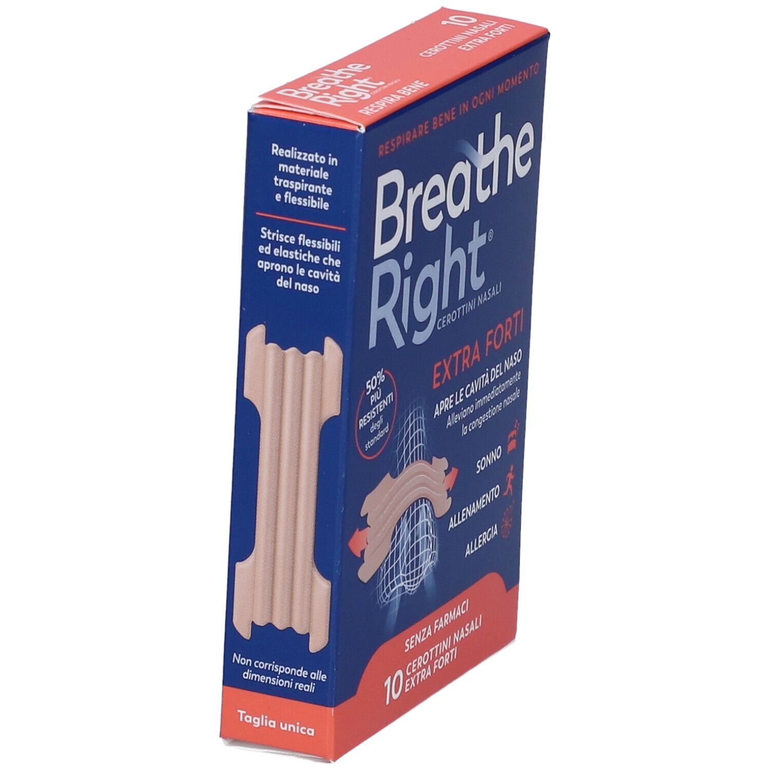 Schachtel "Breathe Right" in Seitenansicht. Zeigt Nasenpflaster und Text: Extra Forti, 10 Stück. Verpackung in Blau und Rot.