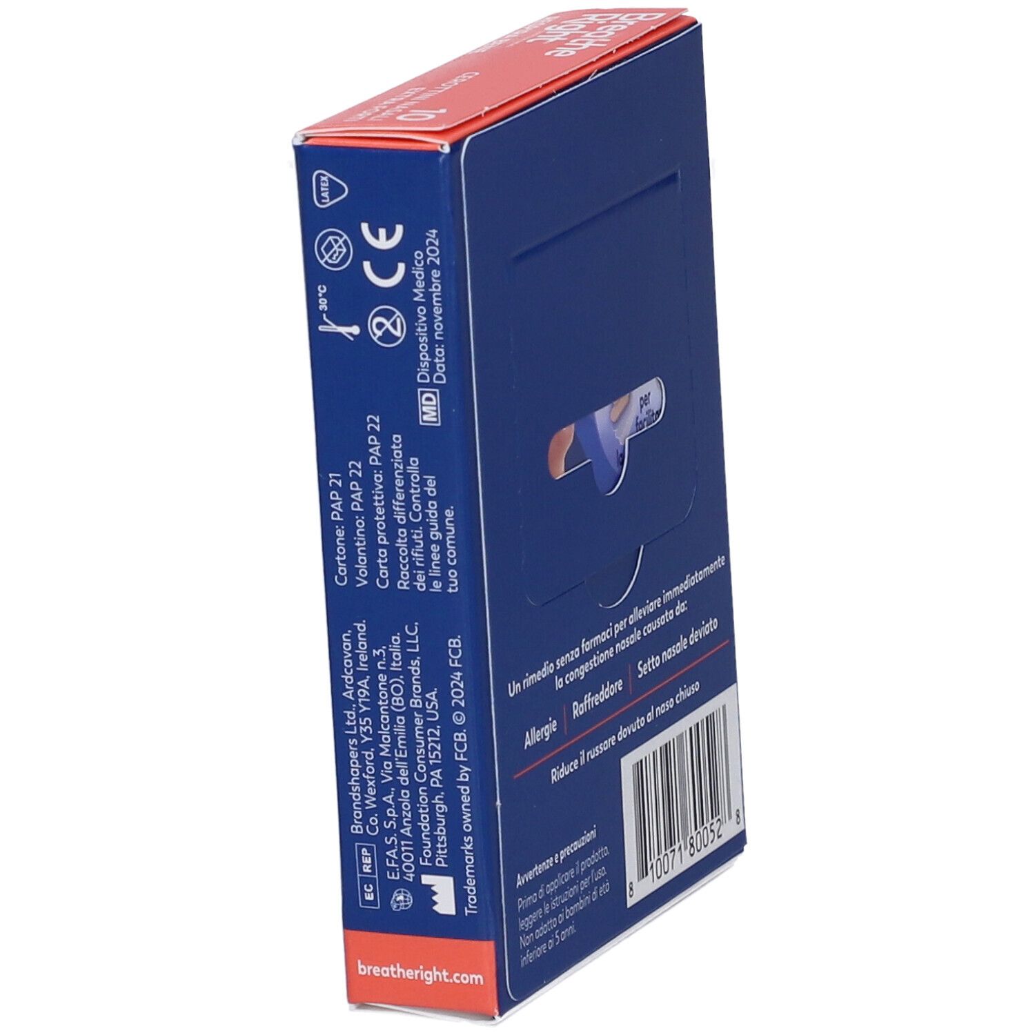 Seitenansicht der "Breathe Right"-Schachtel. Zeigt CE-Kennzeichnung und Informationen zum Hersteller. Verpackung in Blau und Rot.