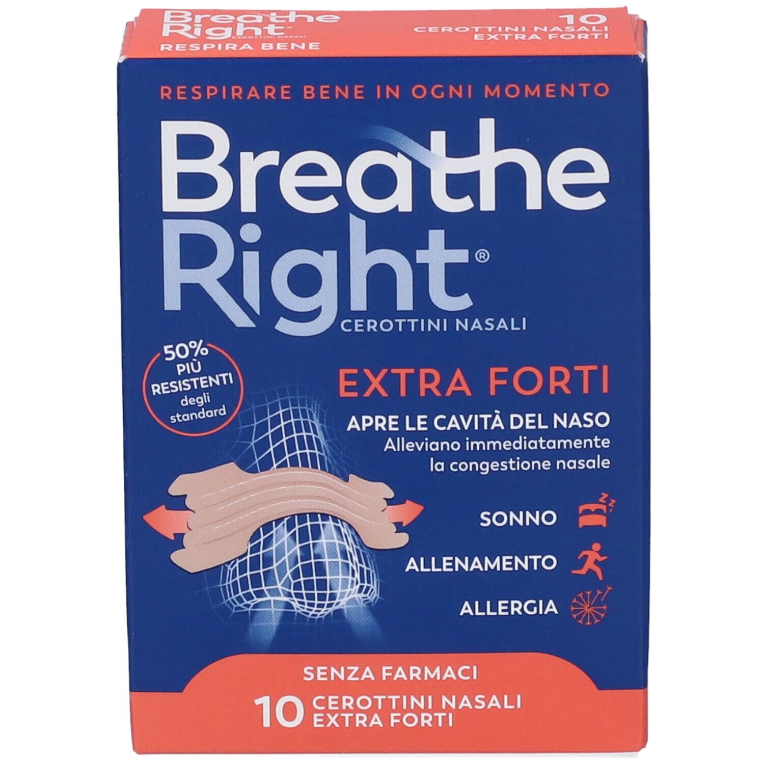 Vorderansicht der "Breathe Right"-Schachtel. Zeigt Logo, Produktname und Nasenpflaster. Text: Extra Forti, 10 Stück.