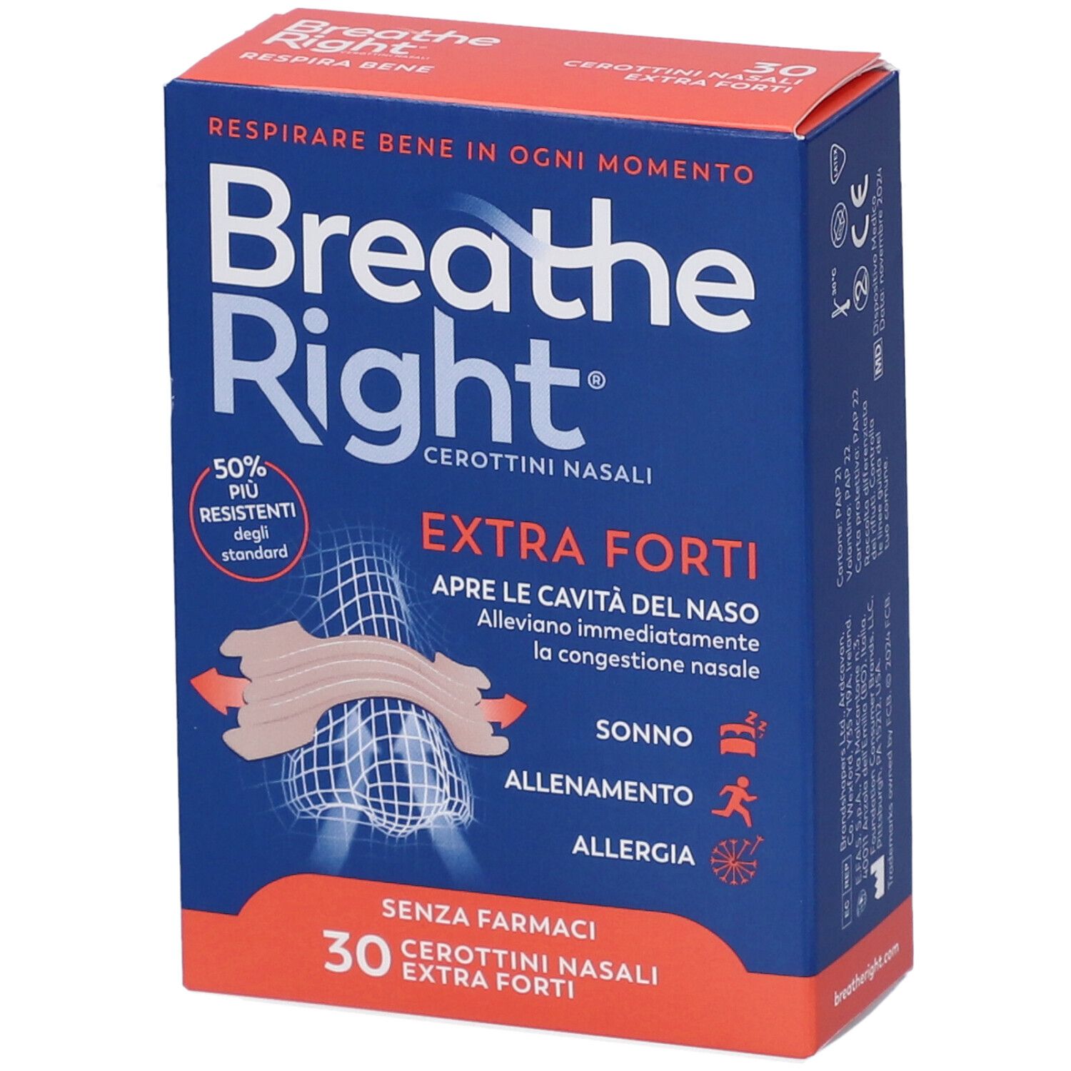 Confezione Breathe Right Extra Forti. Scatola blu con immagine del prodotto e testo. 30 cerottini.