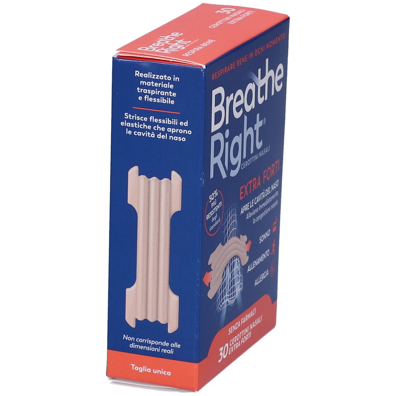 Confezione Breathe Right Extra Forti, angolata. Scatola blu con immagine e testo. 30 cerottini.