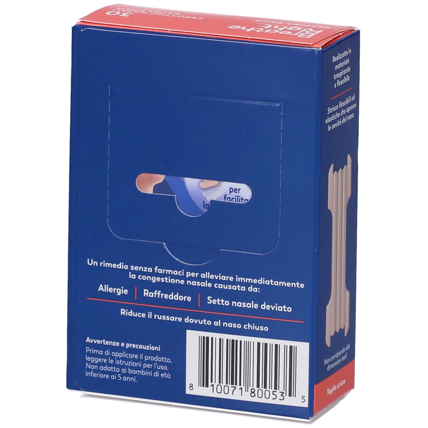 Retro della confezione Breathe Right Extra Forti. Testo e immagine del prodotto. 30 cerottini. Codice a barre.