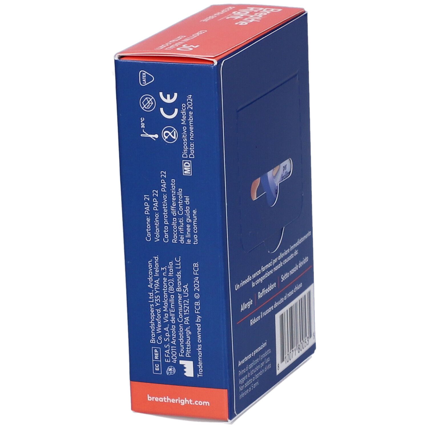 Lato della confezione Breathe Right Extra Forti. Testo e loghi. Dispositivo medico. 30 cerottini.