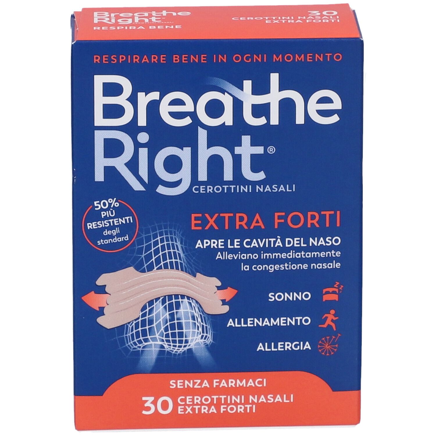 Confezione Breathe Right Extra Forti. Scatola blu con immagine del prodotto e testo. 30 cerottini.
