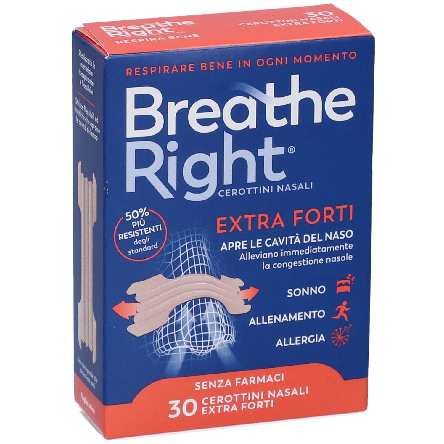 Confezione Breathe Right Extra Forti. Scatola blu con immagine del prodotto e testo. 30 cerottini.