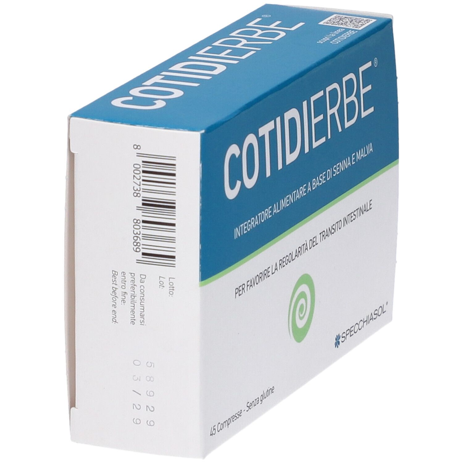 Specchiasol Cotidierbe Kompressionen: Seitenansicht der blauen Verpackung mit Barcode und Chargennummer.
