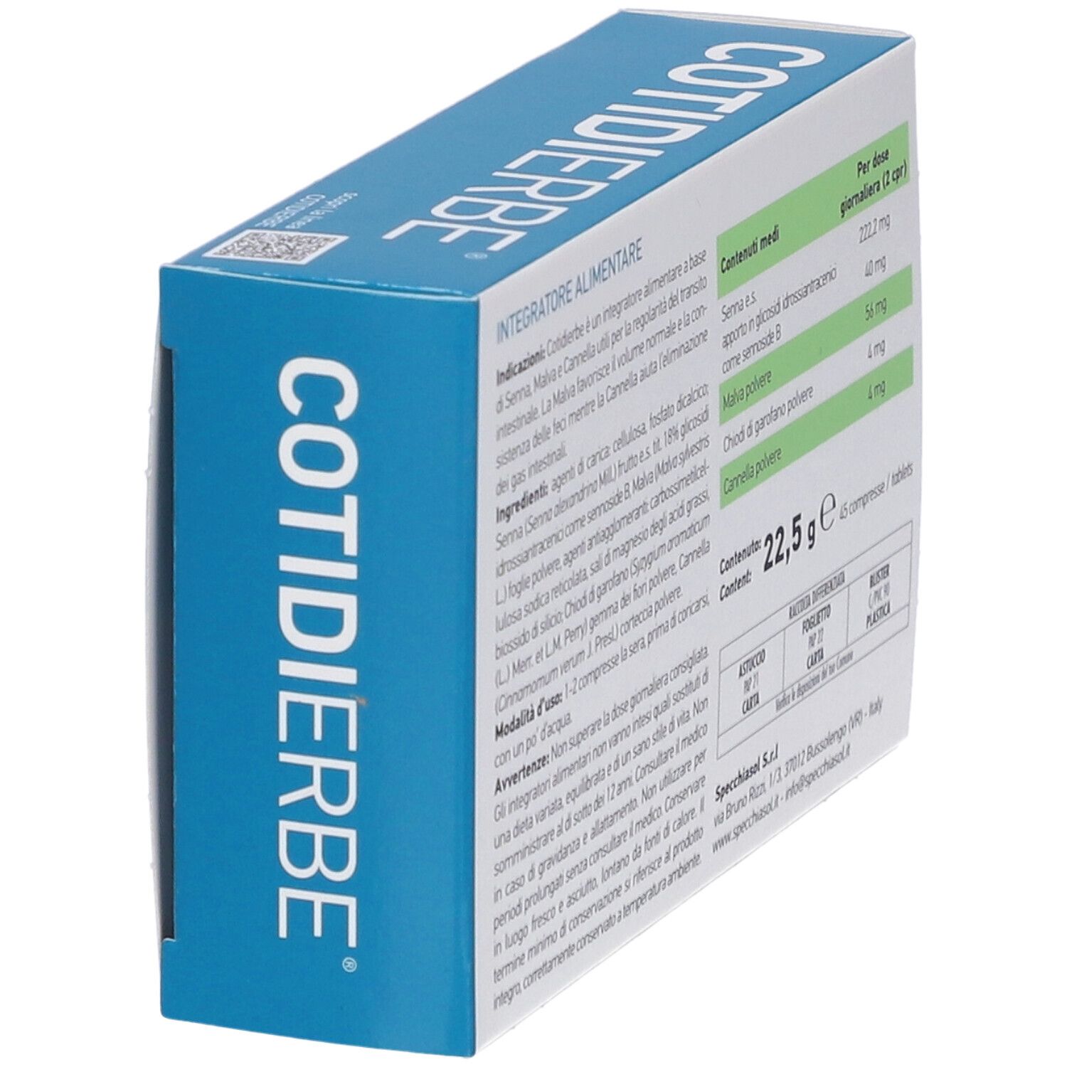Specchiasol Cotidierbe Kompressionen: Schrägansicht der blauen Verpackung mit Produktnamen und Details.