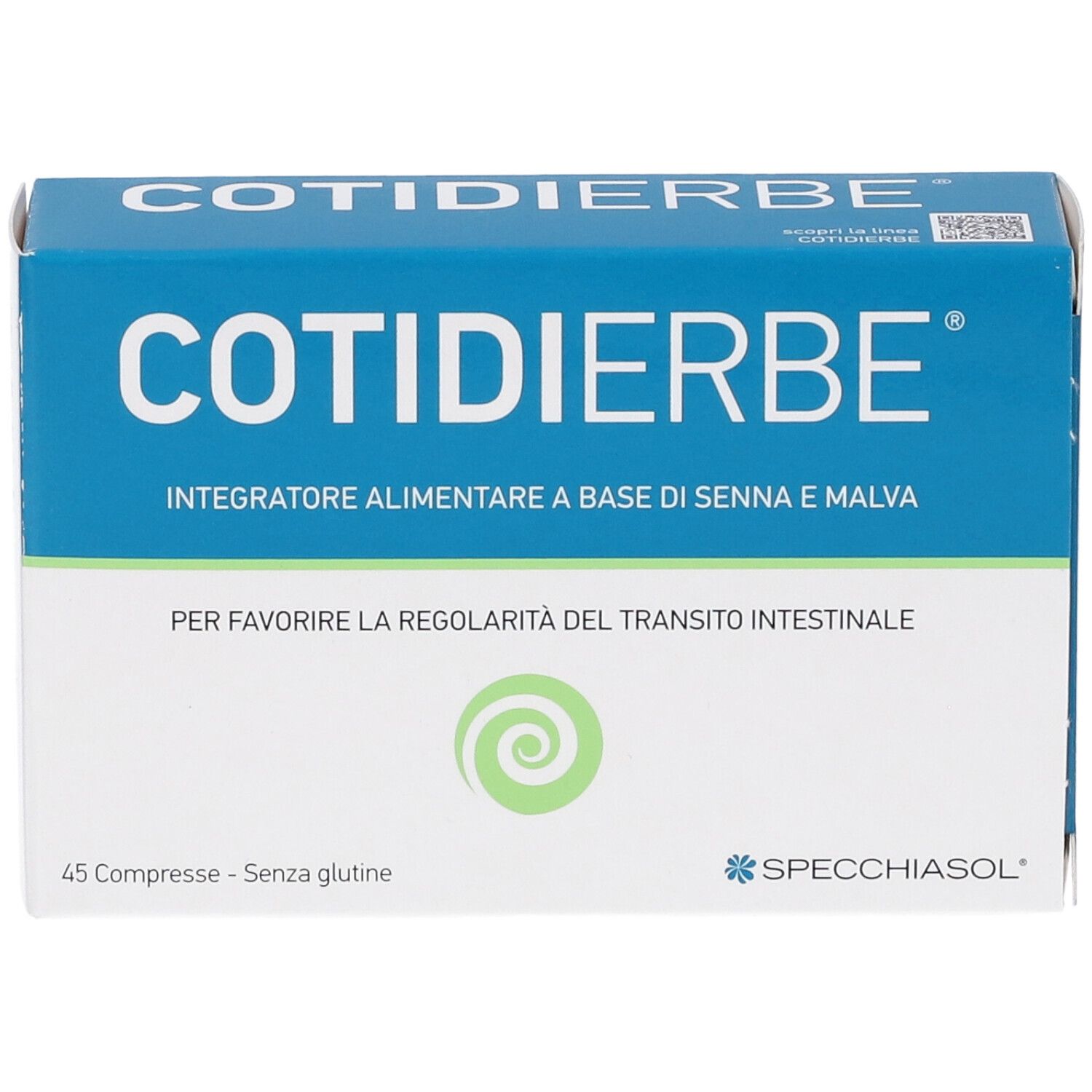 Specchiasol Cotidierbe Kompressionen: Vorderseite der blauen Verpackung mit Produktnamen und Logo.