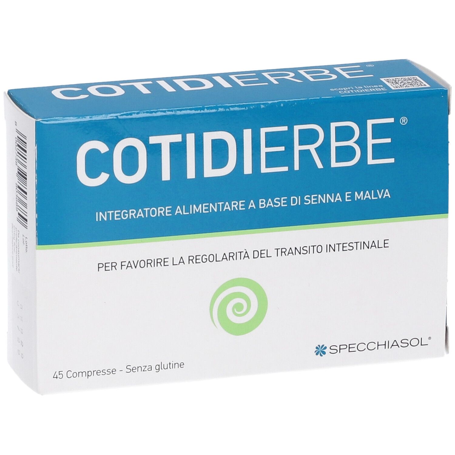 Specchiasol Cotidierbe Kompressionen: Nahaufnahme der blauen Verpackung mit Produktnamen und Markenzeichen.