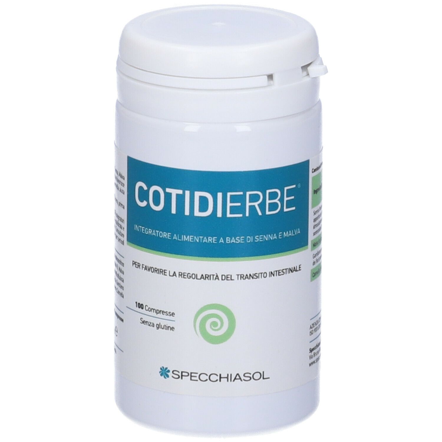 Barattolo bianco con etichetta COTIDIERBE®. Testo: Integratore alimentare. 100 compresse. Senza glutine. Marca: Specchiasol.