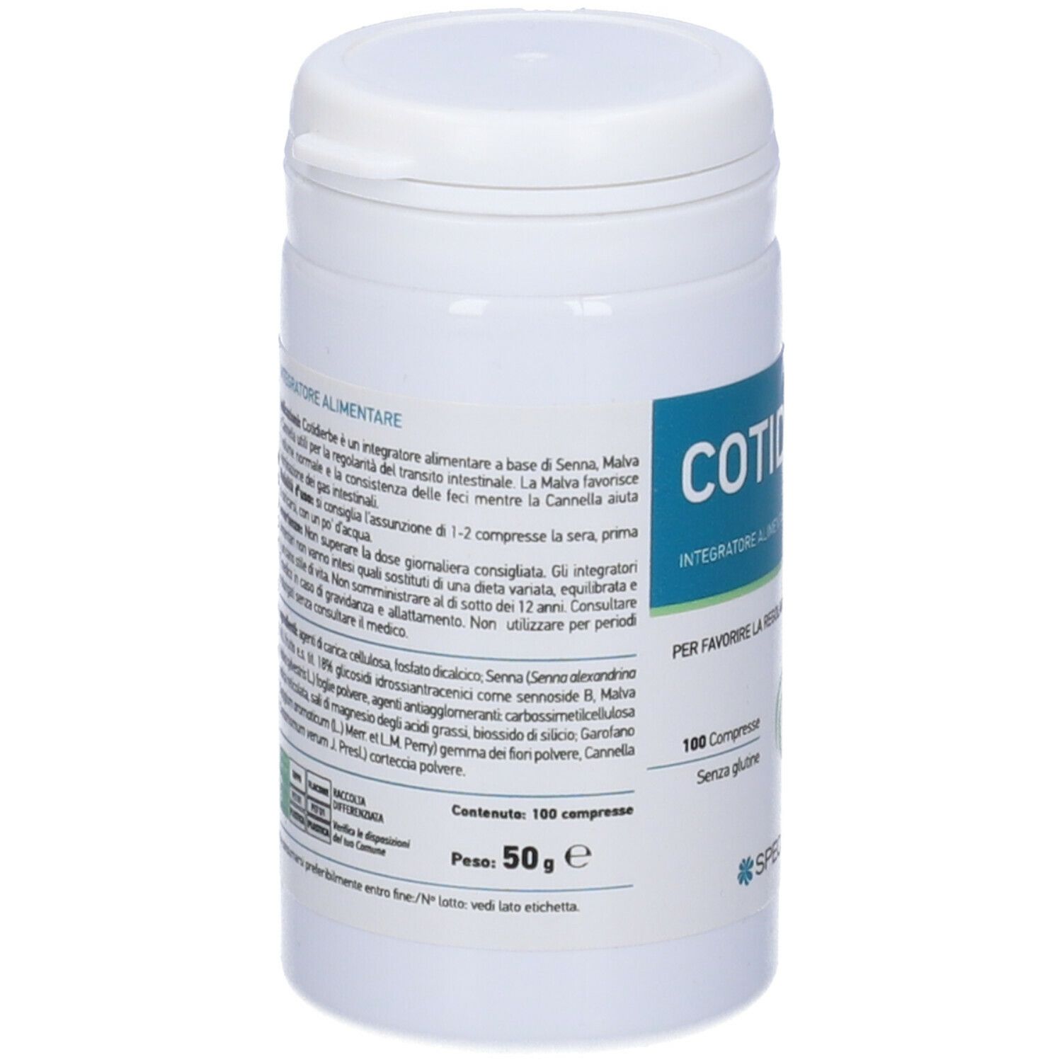 Barattolo bianco con etichetta COTIDIERBE®. Testo: Integratore alimentare. 100 compresse. Senza glutine. Marca: Specchiasol. Testo sul retro.