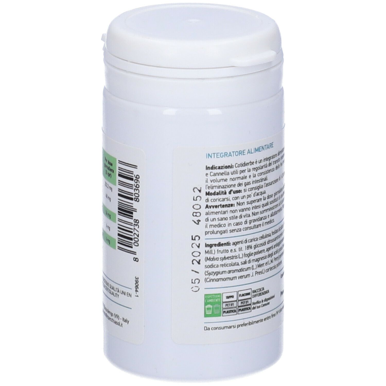 Barattolo bianco con etichetta COTIDIERBE®. Retro con testo e numero di lotto. Testo: Integratore alimentare. Marca: Specchiasol.