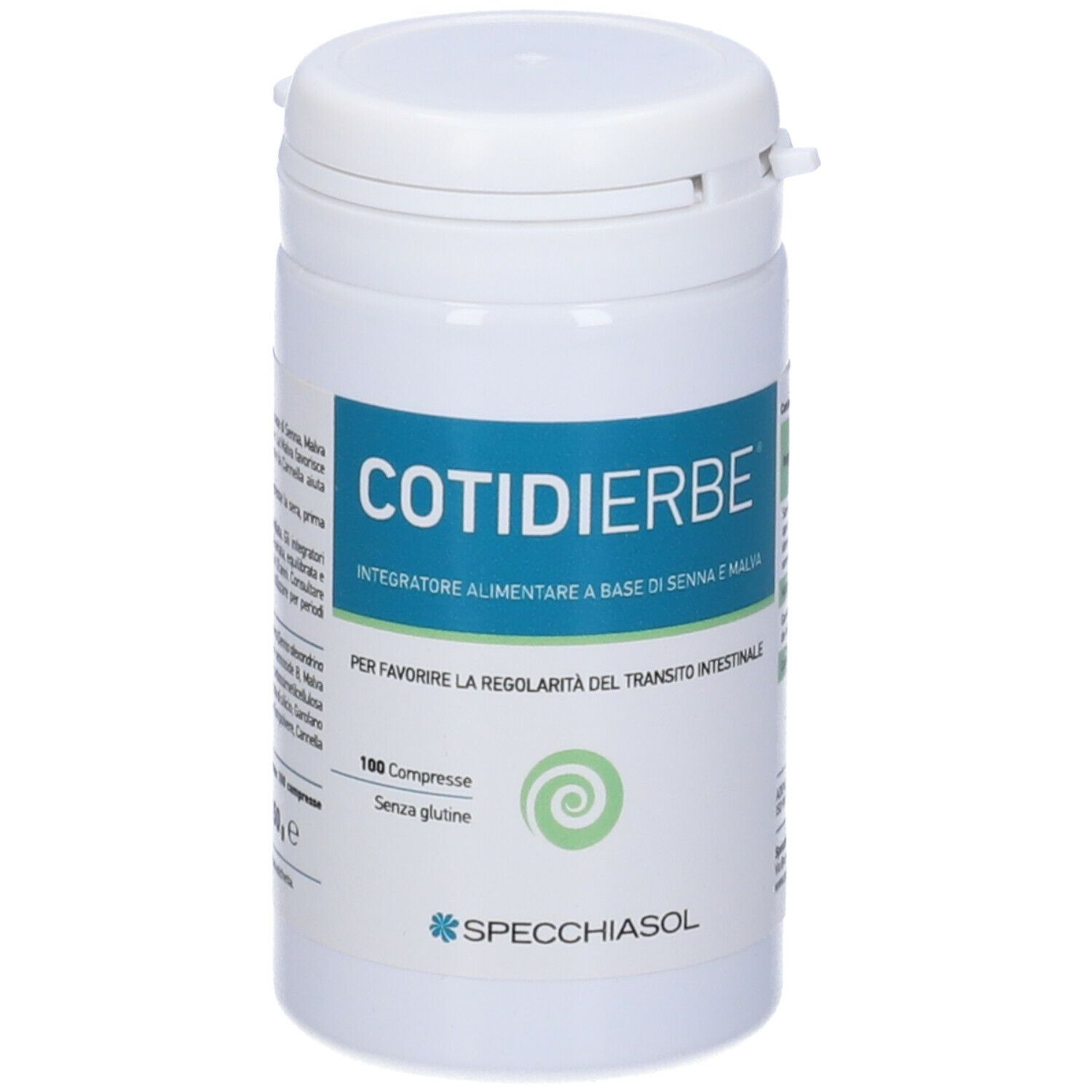 Barattolo bianco con etichetta COTIDIERBE®. Testo: Integratore alimentare. 100 compresse. Senza glutine. Marca: Specchiasol. Logo spirale.