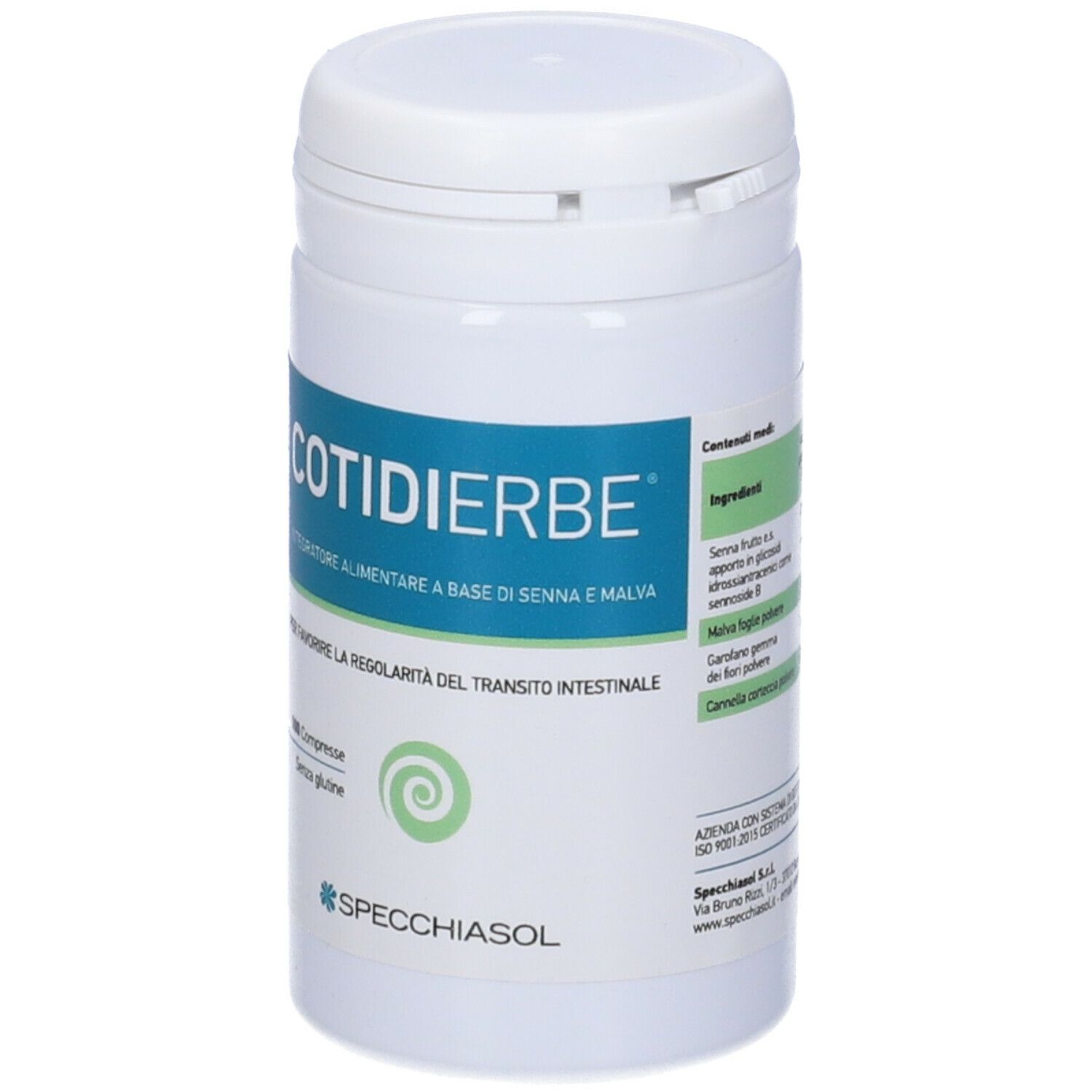 Barattolo bianco con etichetta COTIDIERBE®. Testo: Integratore alimentare. Elenco ingredienti. Marca: Specchiasol. Logo spirale.