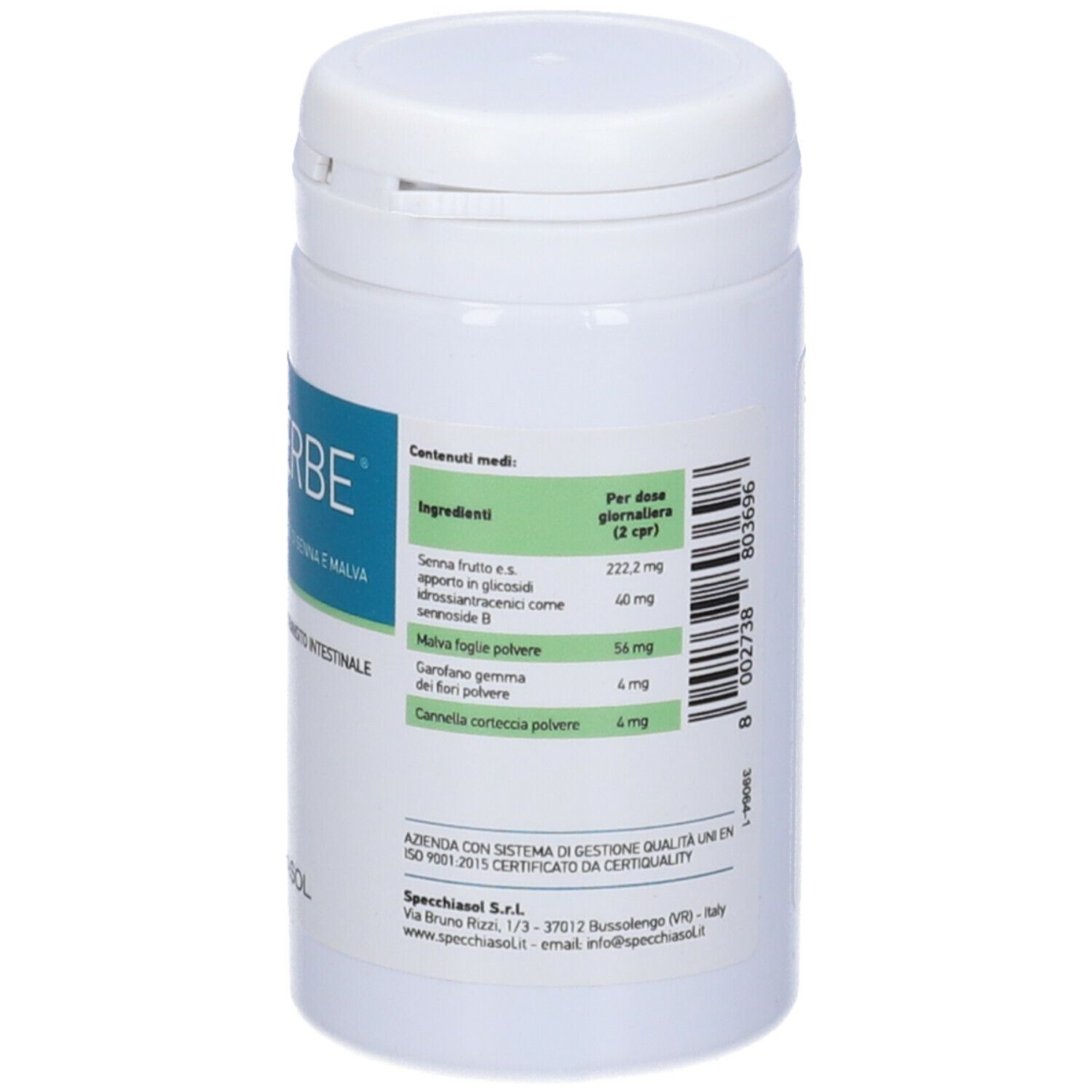 Barattolo bianco con etichetta COTIDIERBE®. Testo: Integratore alimentare. Elenco ingredienti con quantità. Marca: Specchiasol.