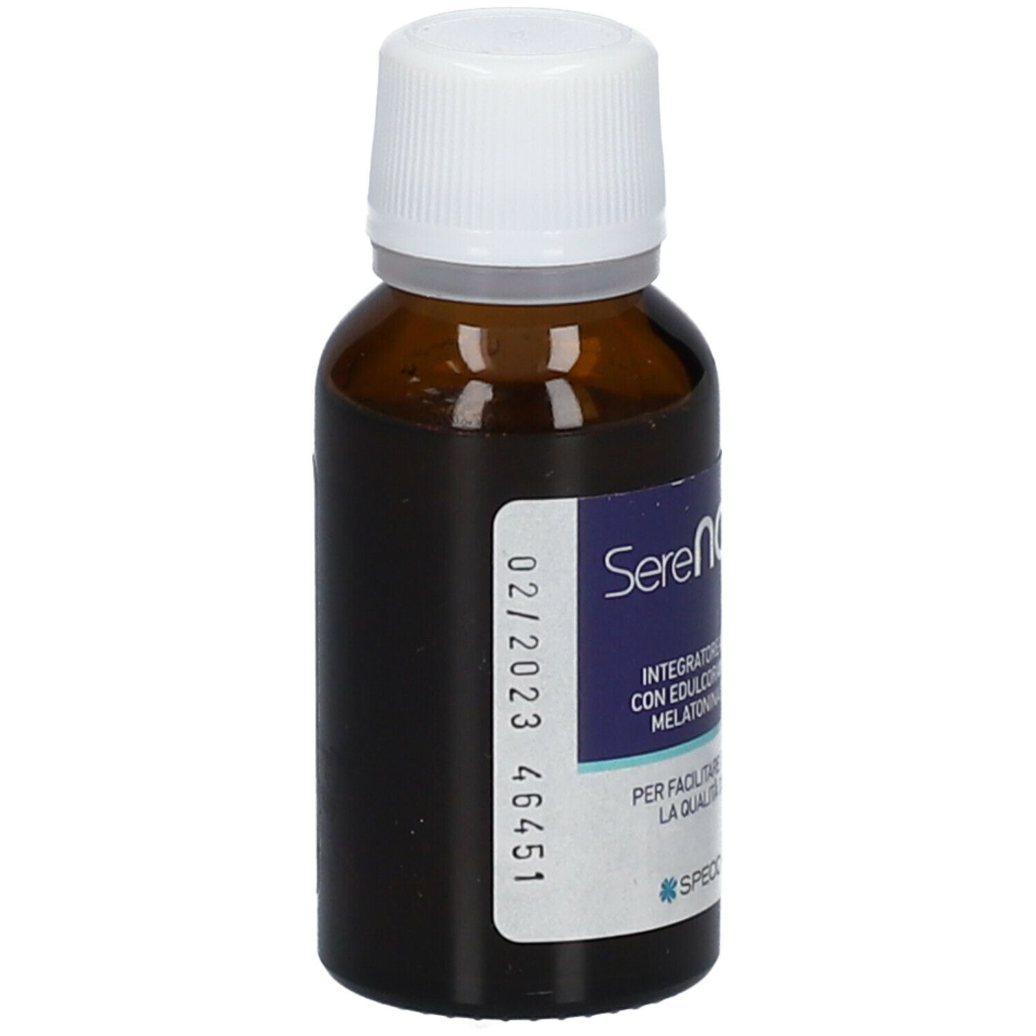 Flacone di vetro marrone con tappo bianco. Etichetta con nome prodotto SereNotte Gocce e data di scadenza. Marca: Specchiasol.