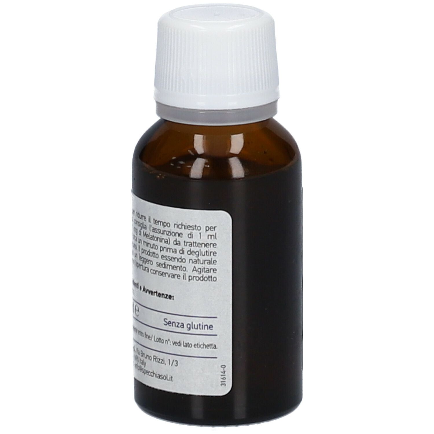 Flacone di vetro marrone con tappo bianco. Etichetta con informazioni e ingredienti del prodotto. Marca: Specchiasol.