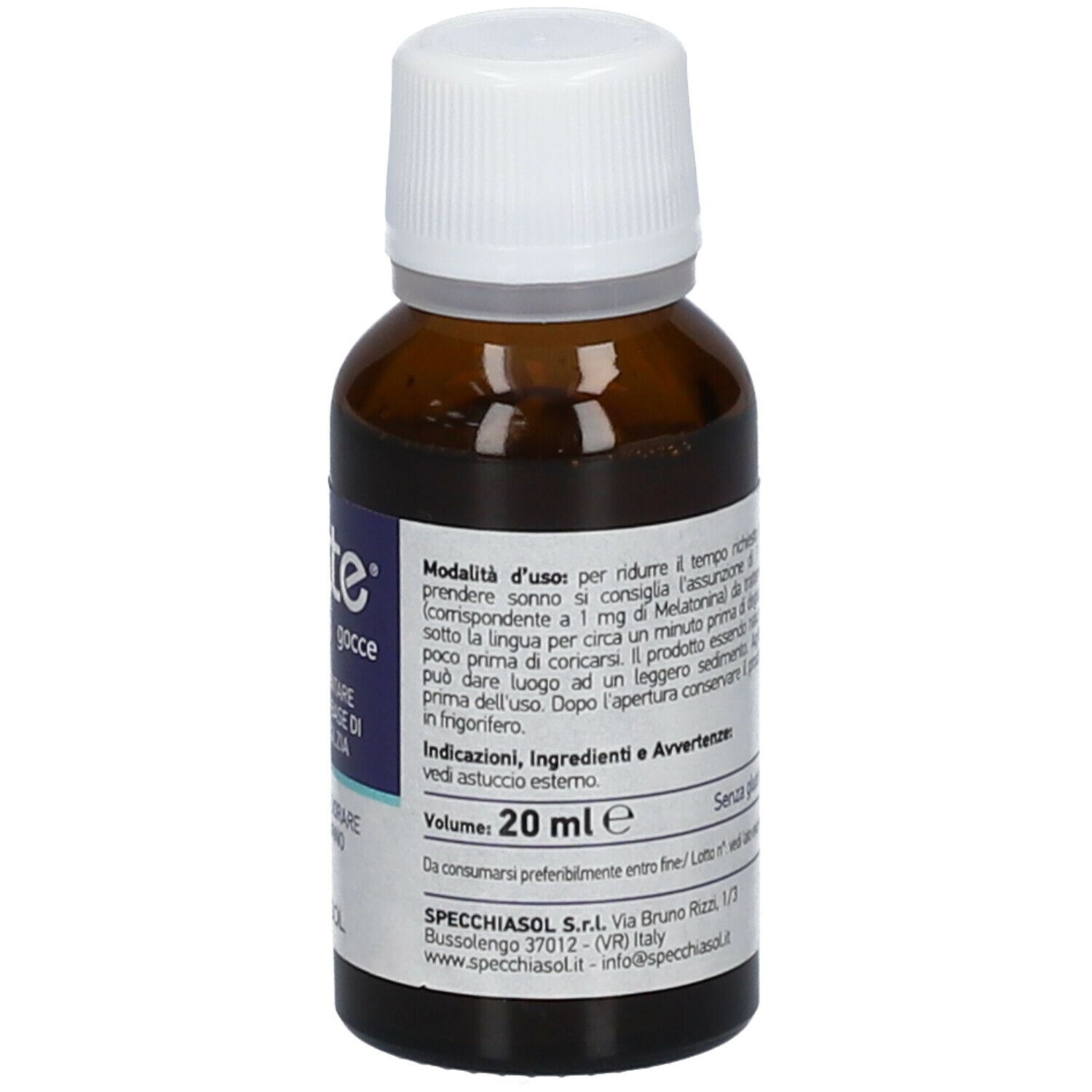 Flacone di vetro marrone con tappo bianco. Etichetta con informazioni sul prodotto e volume. Marca: Specchiasol.