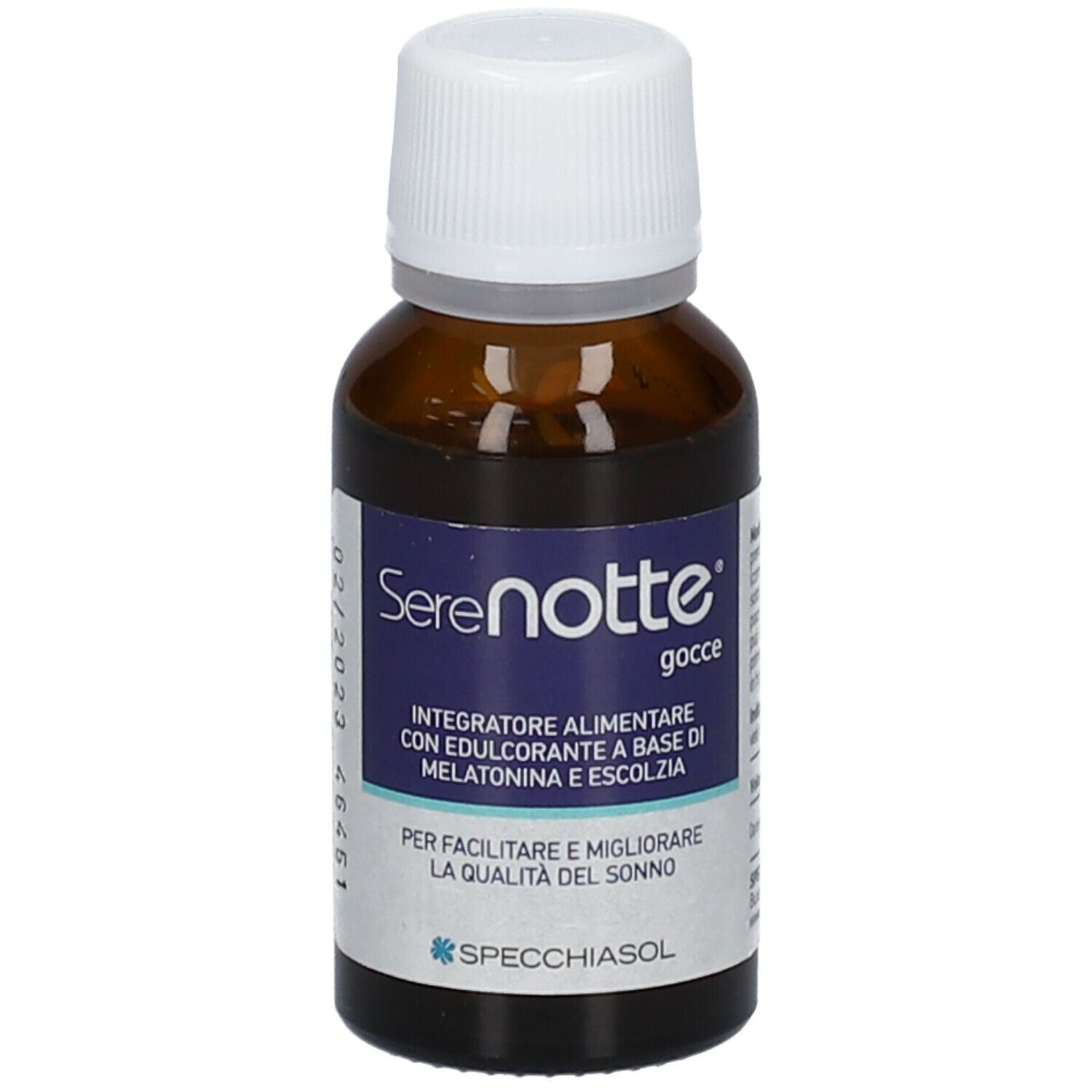 Flacone di vetro marrone con tappo bianco. Etichetta con nome prodotto SereNotte Gocce e data di scadenza. Marca: Specchiasol.