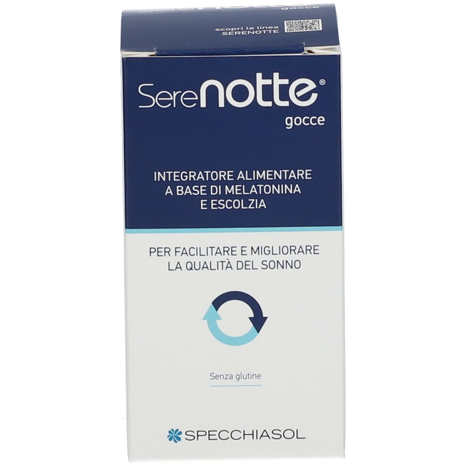 Confezione del prodotto SereNotte Gocce. Scatola blu con nome del prodotto e logo. Marca: Specchiasol.