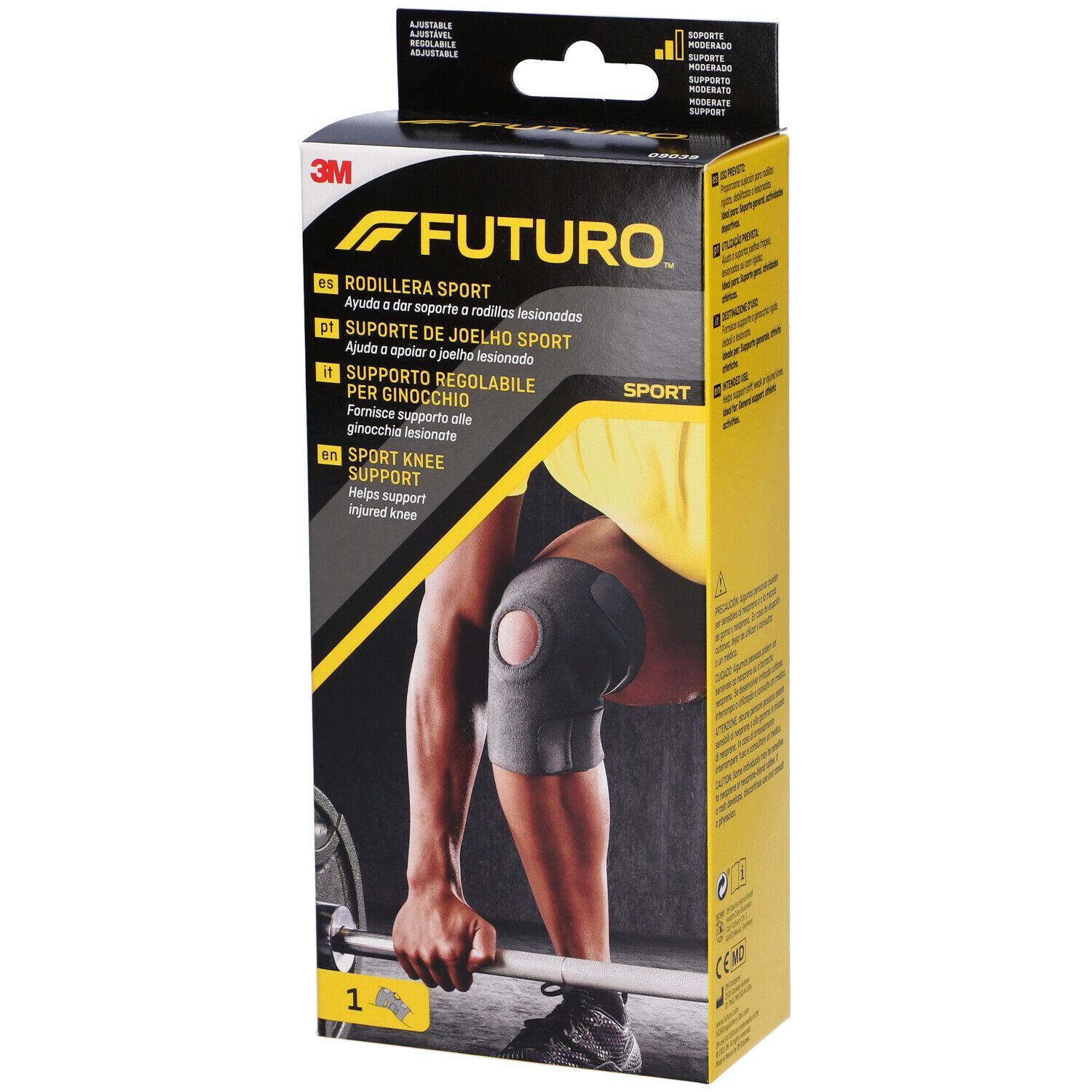 Confezione con tutore per ginocchio FUTURO™ Sport. Nome e logo visibili. Immagine di un atleta con tutore.