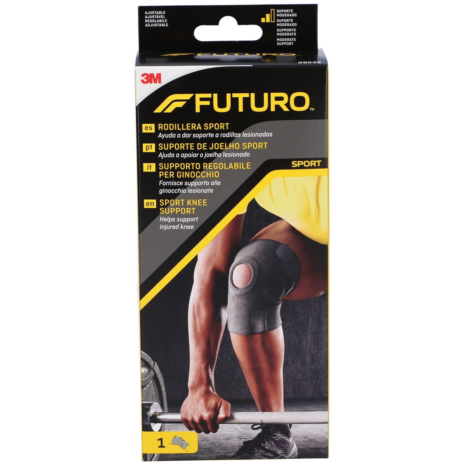 Confezione con tutore per ginocchio FUTURO™ Sport. Nome e logo visibili. Immagine di un atleta con tutore.