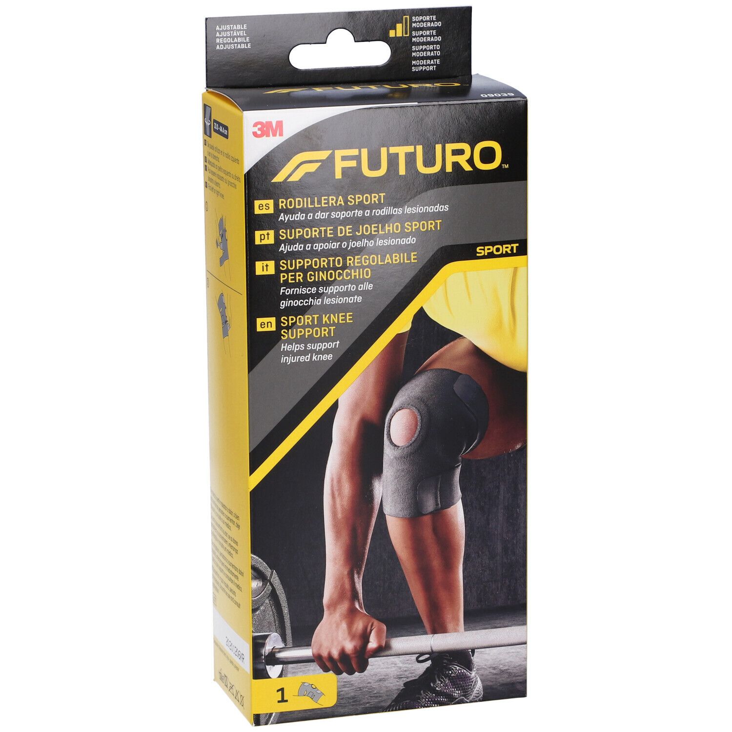Confezione con tutore per ginocchio FUTURO™ Sport. Nome e logo visibili. Immagine di un atleta con tutore.