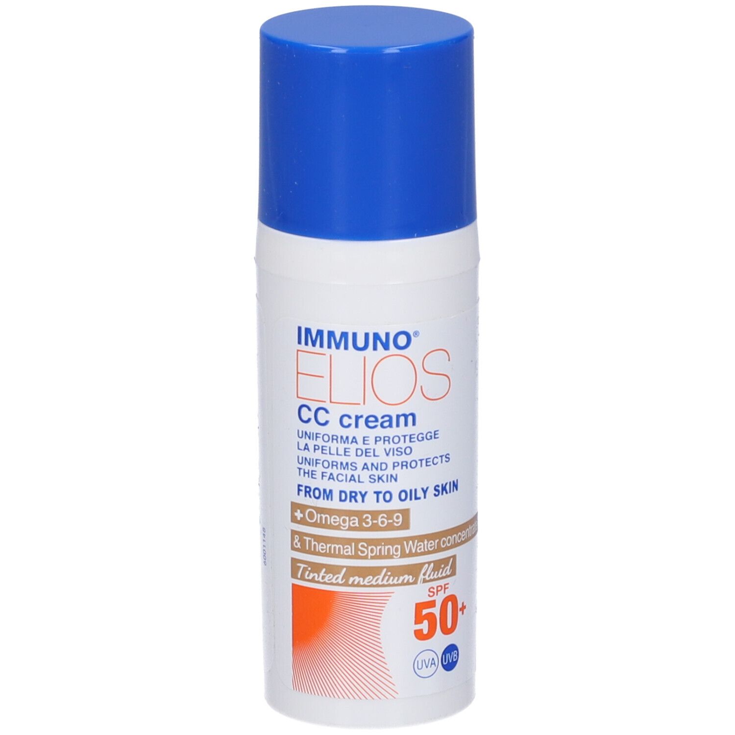 Tubo bianco con tappo blu. Scritta: Immuno Elios CC cream, SPF 50+. Fluido medio colorato.